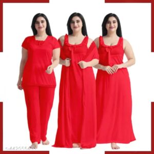 4 Part Red Color Nighty