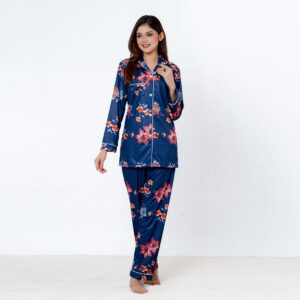 Women’s Luxurious Printed 2 Pcs Satin Night Suit(Navy)