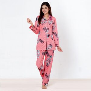 Women’s Luxurious Printed 2 Pcs Satin Night Suit(Pink)