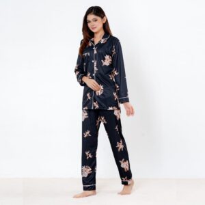 Women’s Luxurious Printed 2 Pcs Satin Night Suit (Black)